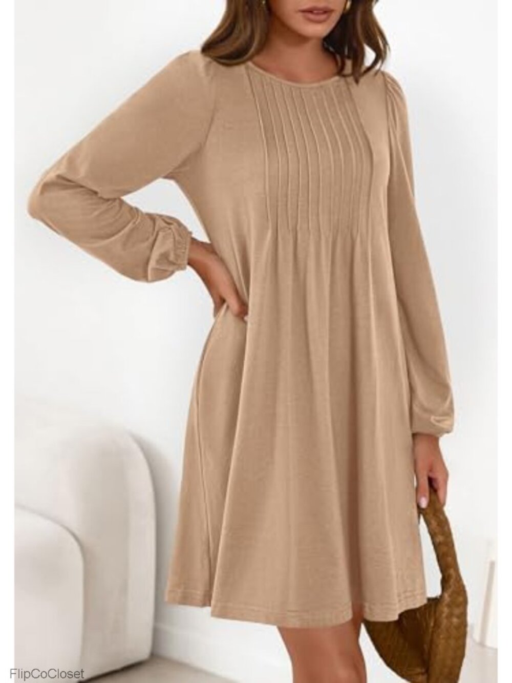 Long Sleeve Mini Dress with Pockets Flowy A Line Casual Tunic - Picture 5 of 6